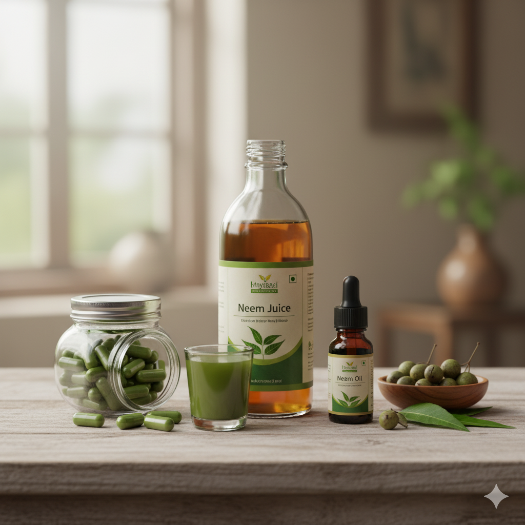 Neem capsules, juice bottle, and oil neatly arranged