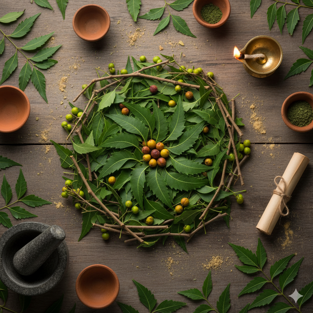 Neem leaves and twigs arranged in a traditional Ayurvedic style