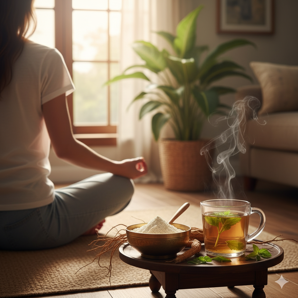 Person meditating with a bowl of Shatavari powder and a herbal tea cup nearby