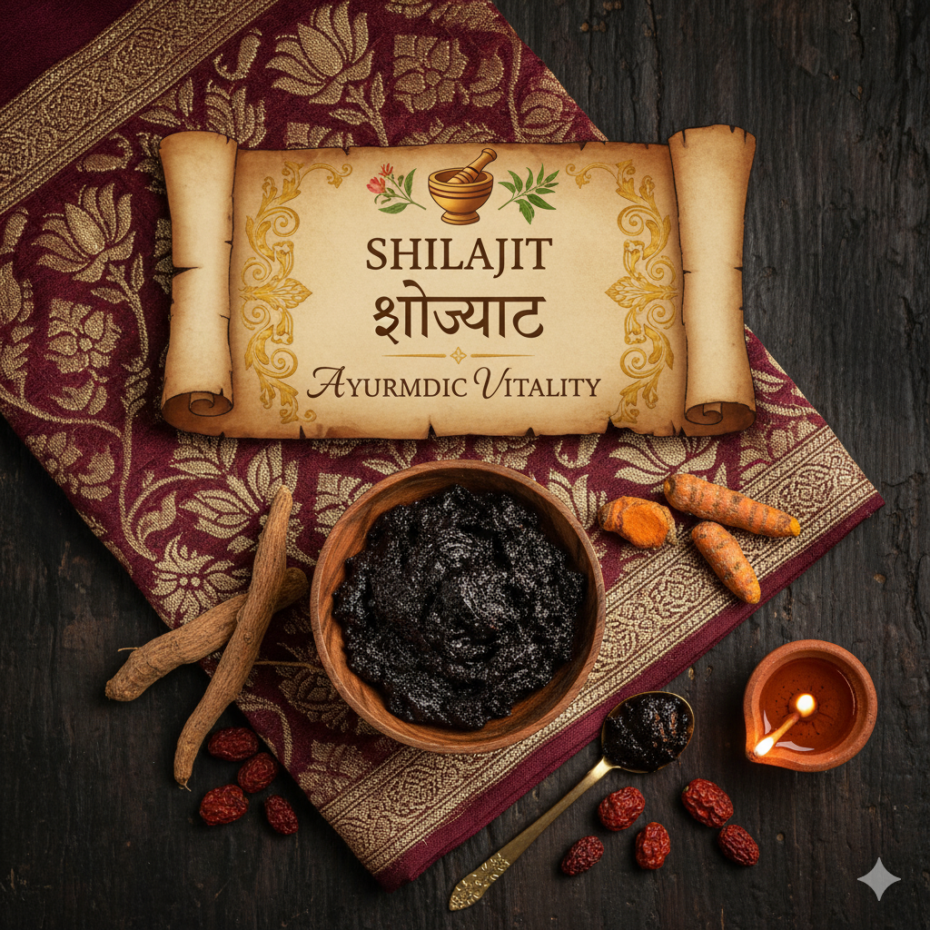 Shilajit resin in a bowl with an Ayurvedic theme banner.