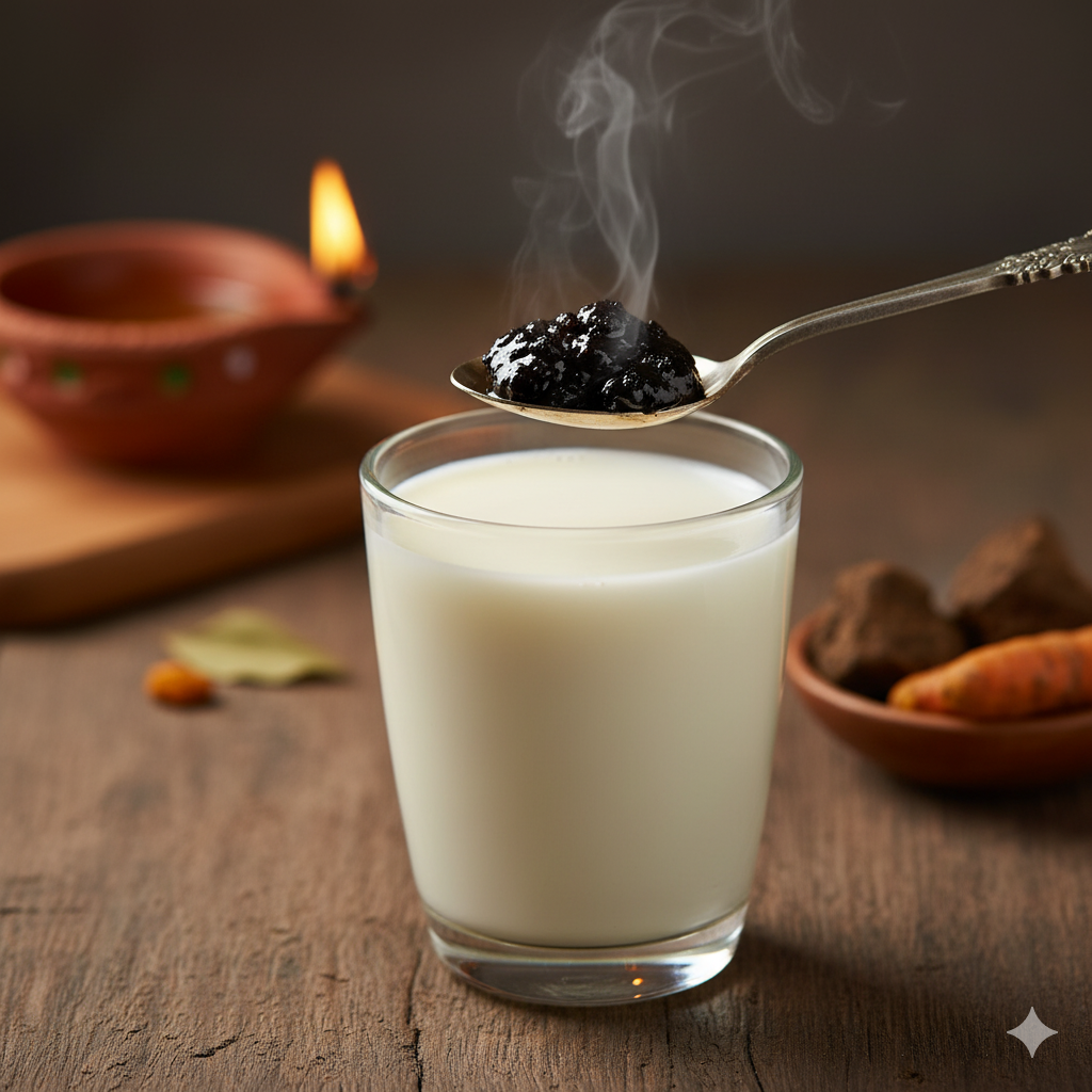 Shilajit resin on a spoon with a glass of milk beside it.