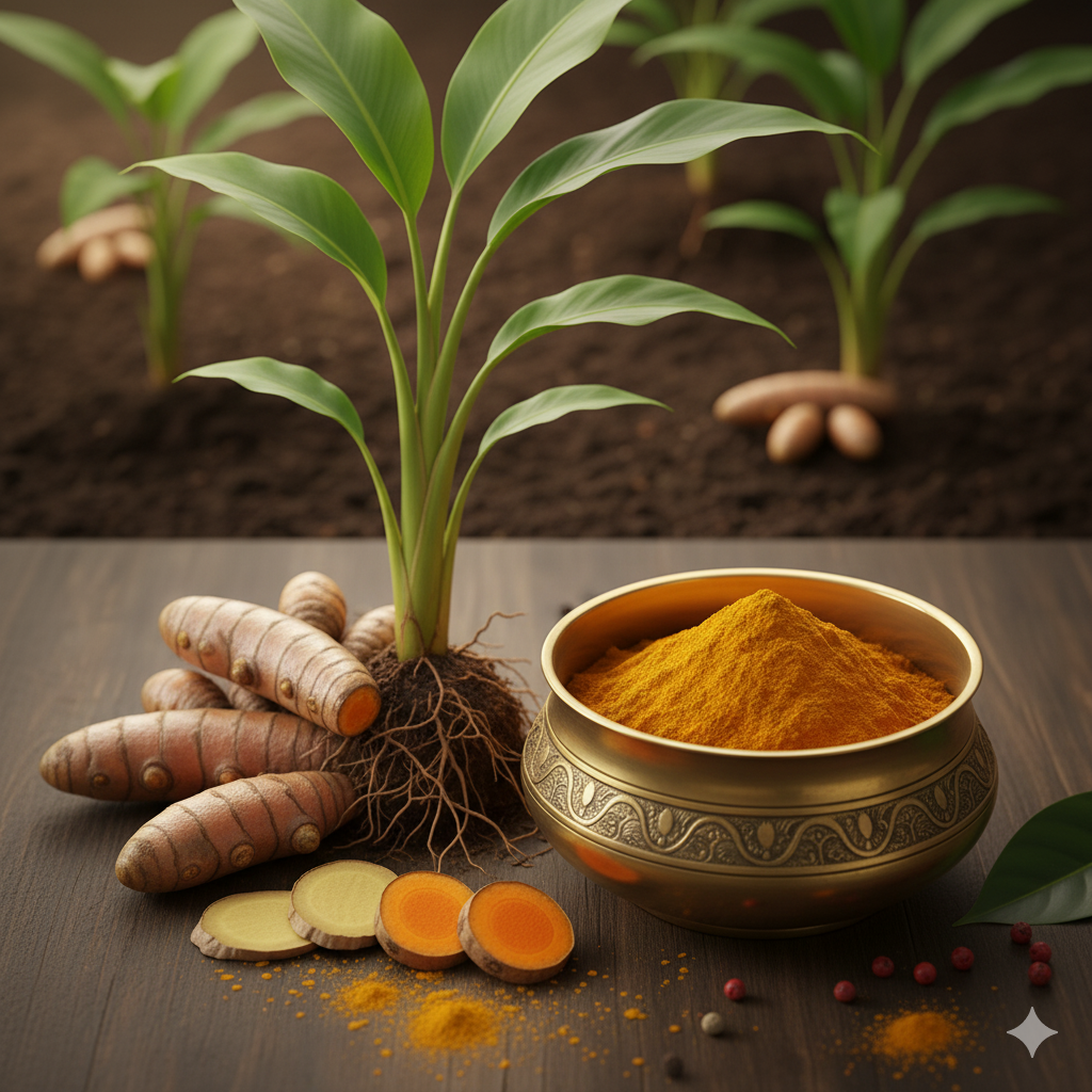 Turmeric plant with roots and powdered spice