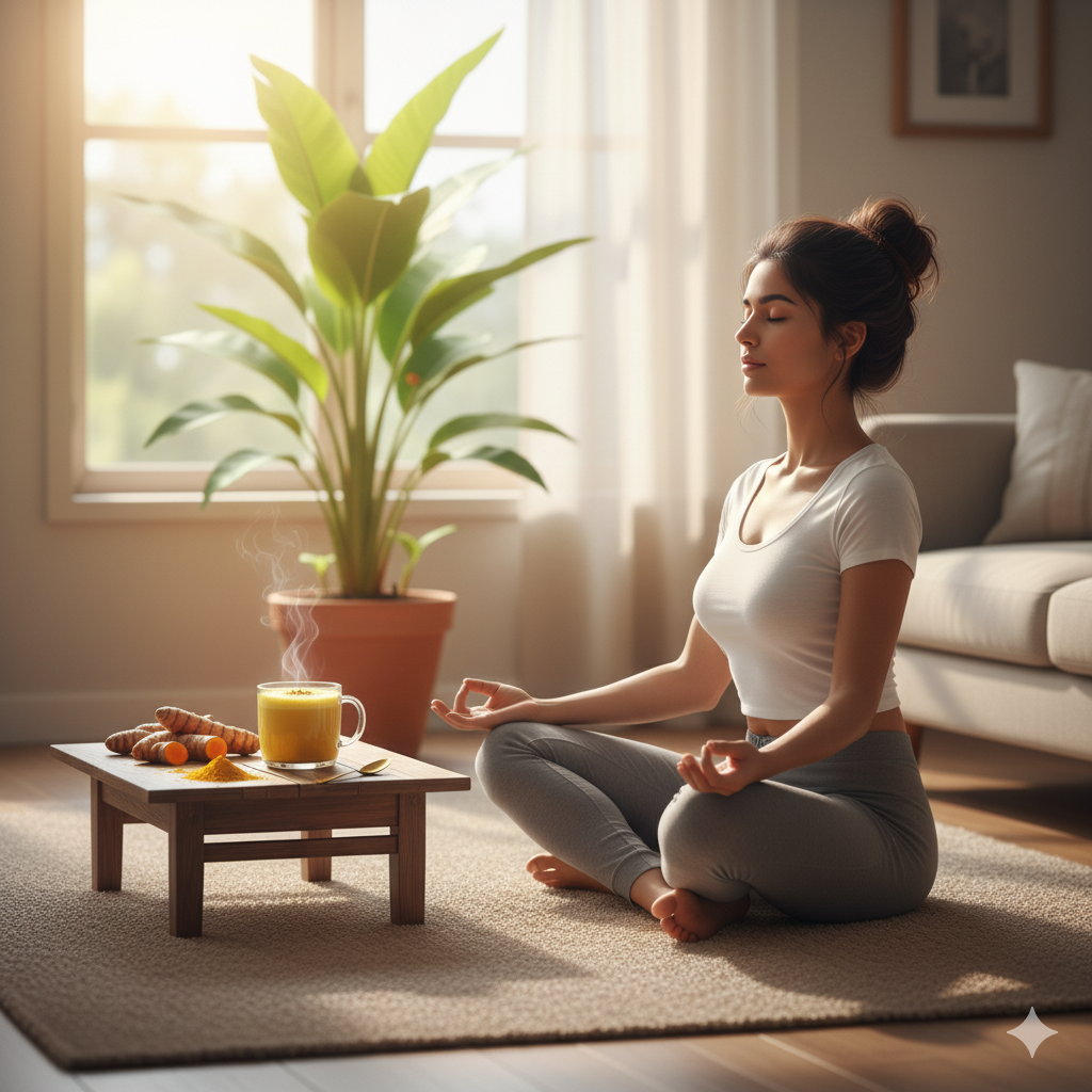 Wellness lifestyle image with golden milk and turmeric in the background
